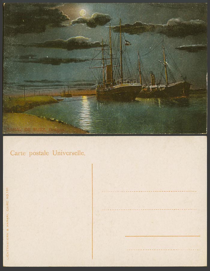Egypt Old Colour Postcard Canal de Suez Drague Dredge Night Moonlight Moon Ships