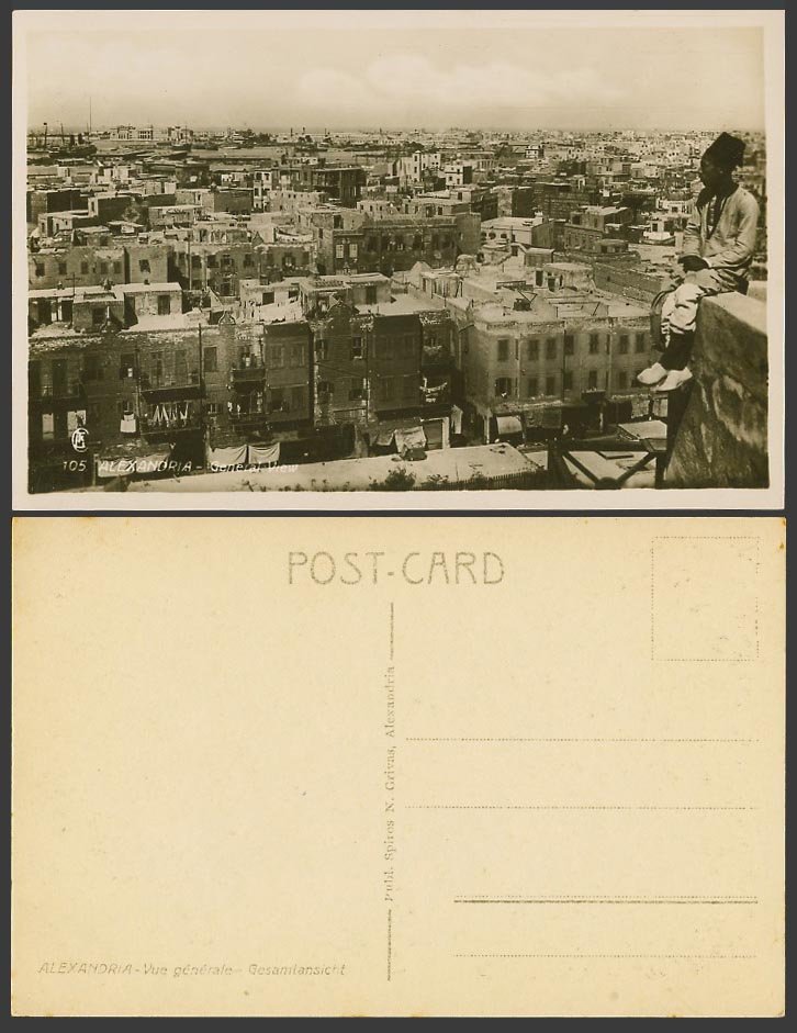Egypt Old Real Photo Postcard Alexandria, General View, Arab Man Sitting on Edge