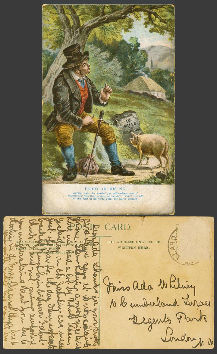 Ireland Old Postcard Paddy and His Pig Pigley IV Miles to Ballinasloe Co. Galway