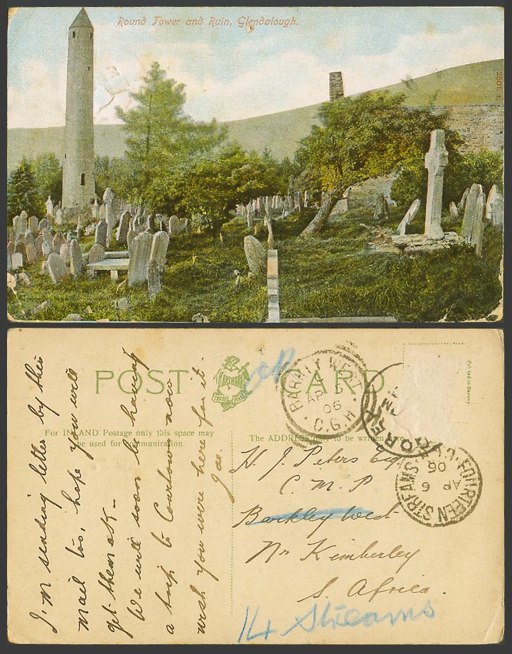 Ireland Old Colour Postcard Round Tower & Ruin Glendalough Cemetery Co. Wicklow