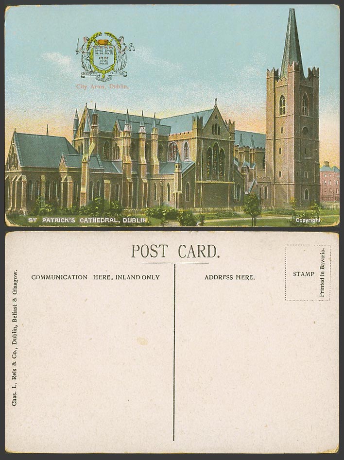 Ireland Old Colour Postcard St. Patrick's Cathedral Church Co. Dublin City Arms