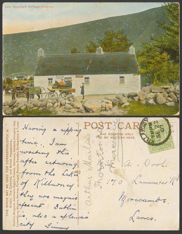 Ireland 1907 Old Postcard Kate Kearney's Cottage House Killarney Horse Cart Hill