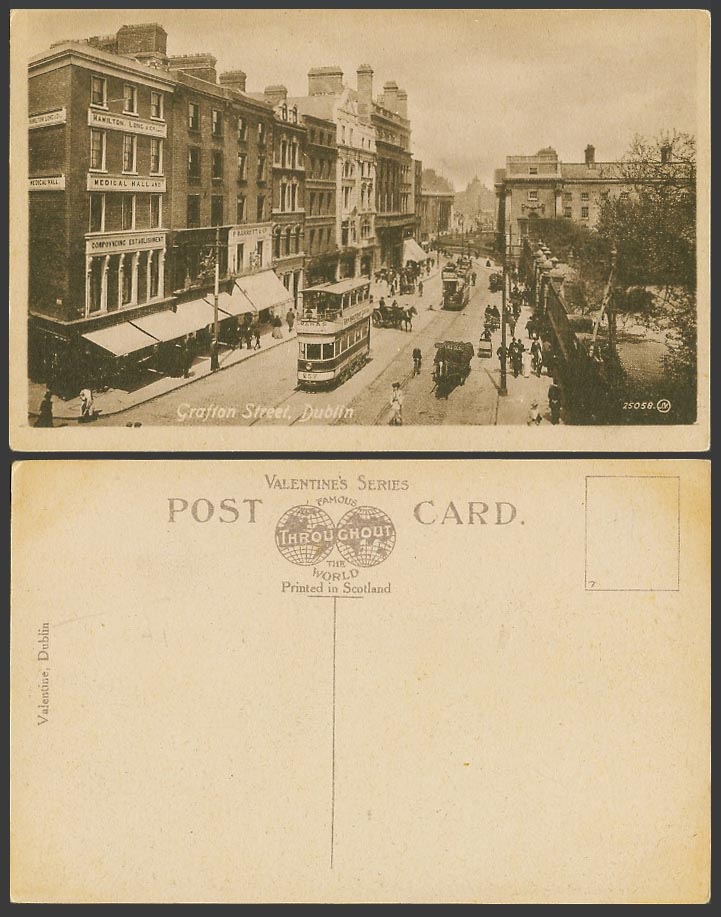 Ireland Old Postcard Grafton Street Scene, Dublin, TRAM 257 Tramway Medical Hall