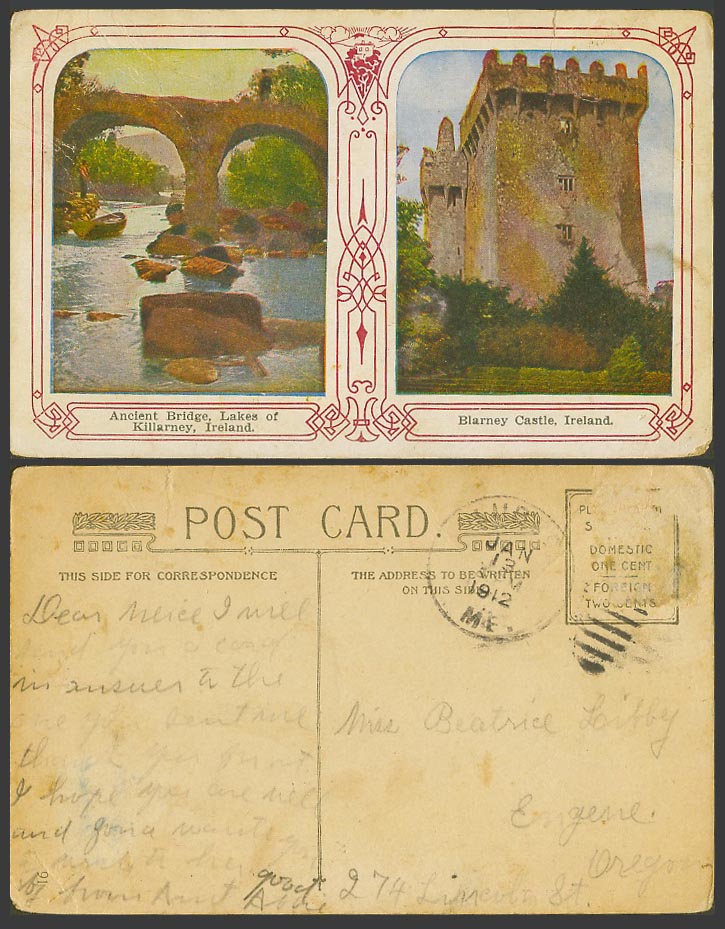 Ireland 1912 Old Postcard Blarney Castle, Lakes of Killarney Ancient Bridge Cork