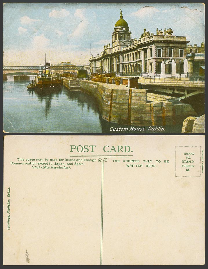 Ireland Old Colour Postcard Custom House Dublin Harbour Bridge Steam Boat Street