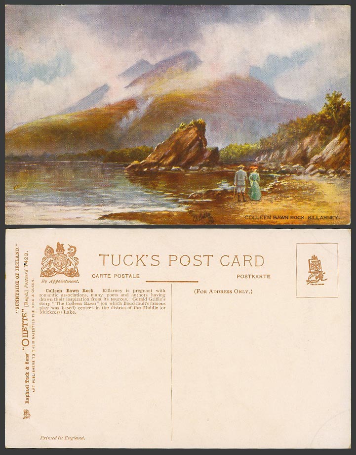 Ireland Old Tuck's Oilette Postcard Colleen Bawn Rock, Killarney, Muckross Lake