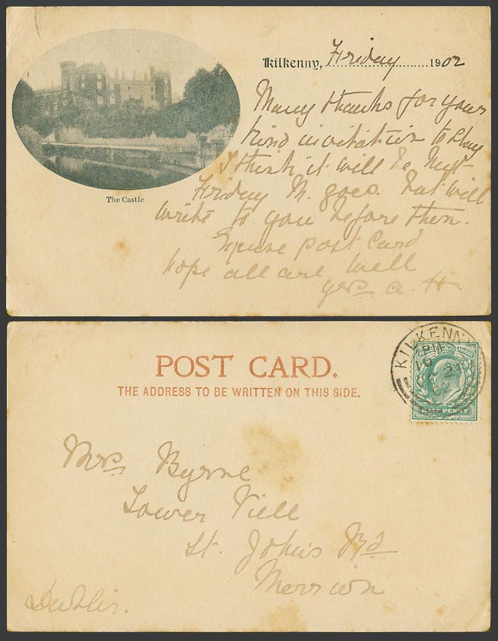 Ireland GB KE7 1/2d Kilkenny Postmark 1902 Old UB Postcard Kilkenny - The Castle