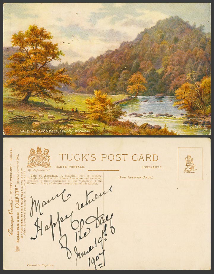 Ireland 1907 Old Tuck's Oilette Postcard Vale of Avondale Co Wicklow SHEEP River