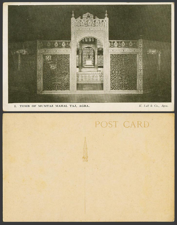 India Old Postcard Tomb of Mumtaz Mahal Taj, Interior, Agra, K. Lall & Co. No. 8