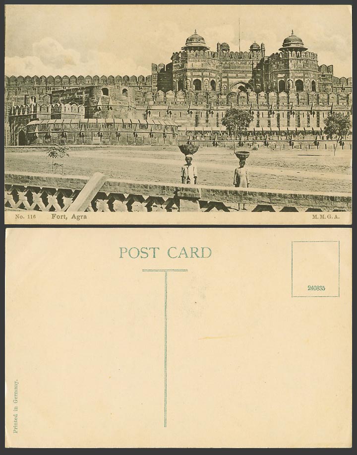 India Old Postcard Fort Agra Fortress Natives Carrying Baskets on Heads M.M.G.A.