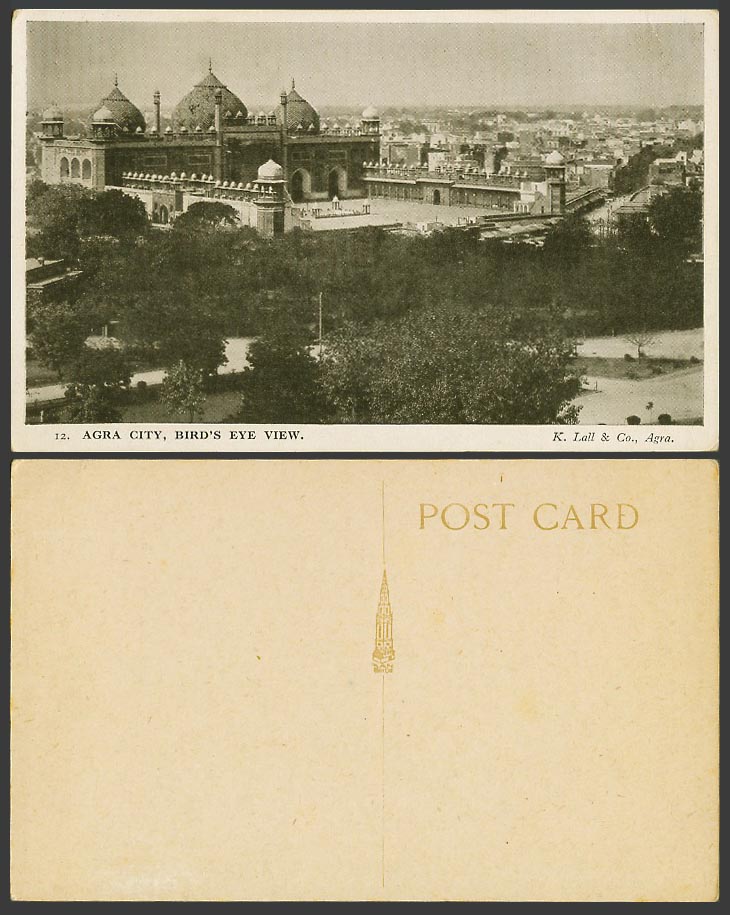 India Old Postcard Agra City Bird's Eye View General View Panorama K. Lall & Co.