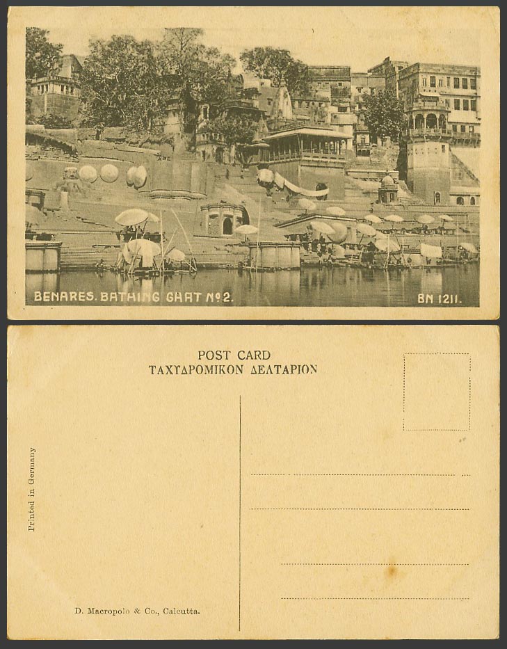 India Old Postcard Bathing Ghat Benares No.2 River Scene Steps Sunshades BN 1211