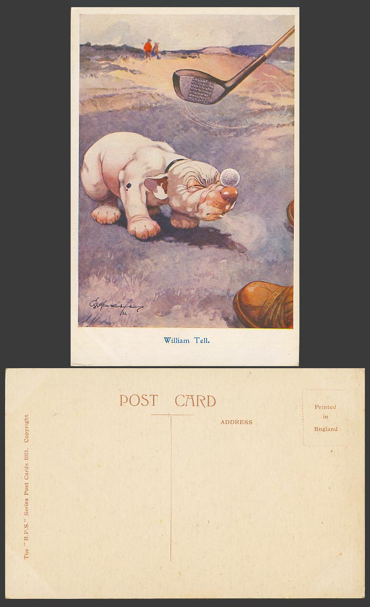 BONZO DOG GE Studdy Old Postcard William Tell GOLF BALL Golfer Golfing Club 1021