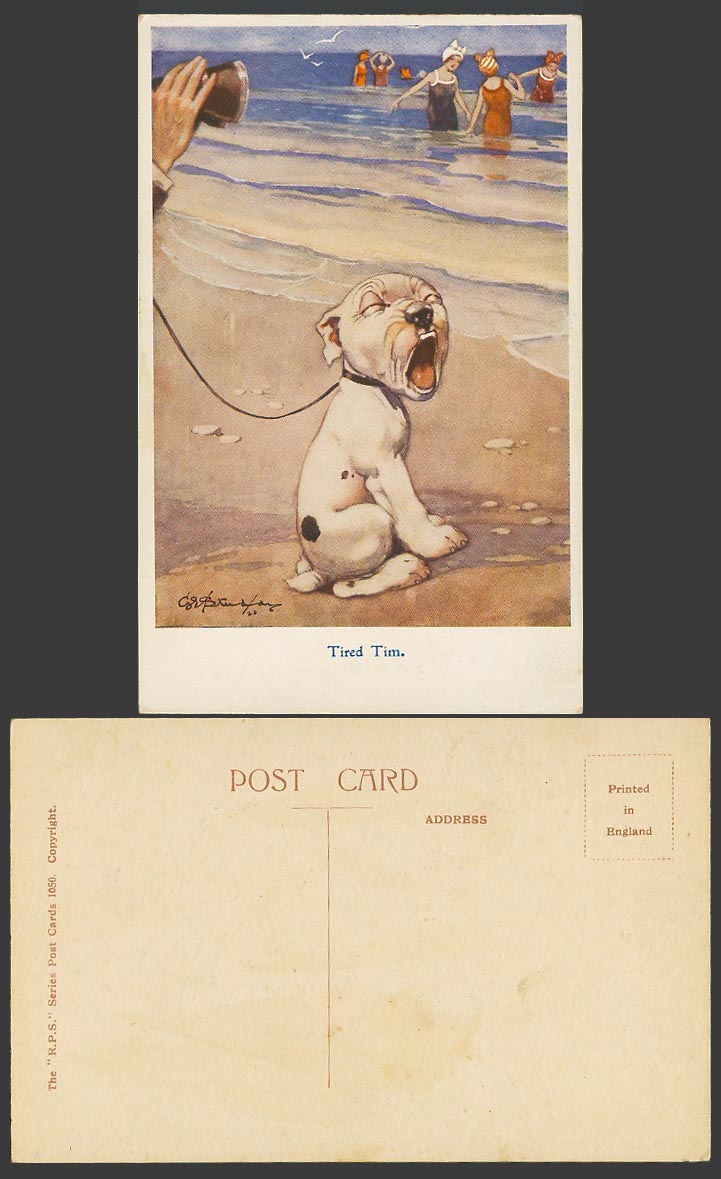 BONZO DOG G.E. Studdy Old Postcard Tired Tim Yawning Beach Women Bathers No.1050