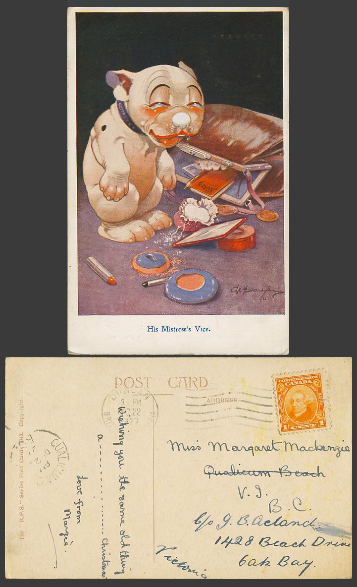 BONZO DOG GE Studdy 1927 Old Postcard His Mistress's Vice. Lipsticks Powder 1042