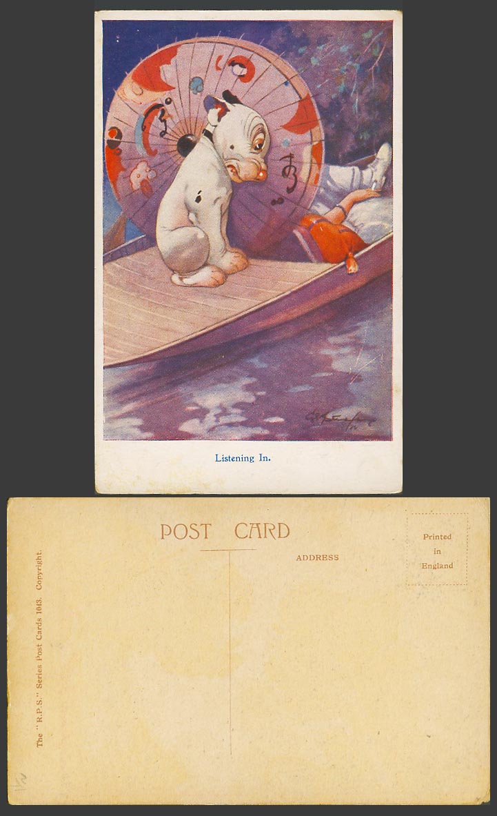 BONZO DOG GE Studdy Old Postcard Listening In. Japanese Style Umbrella Boat 1043