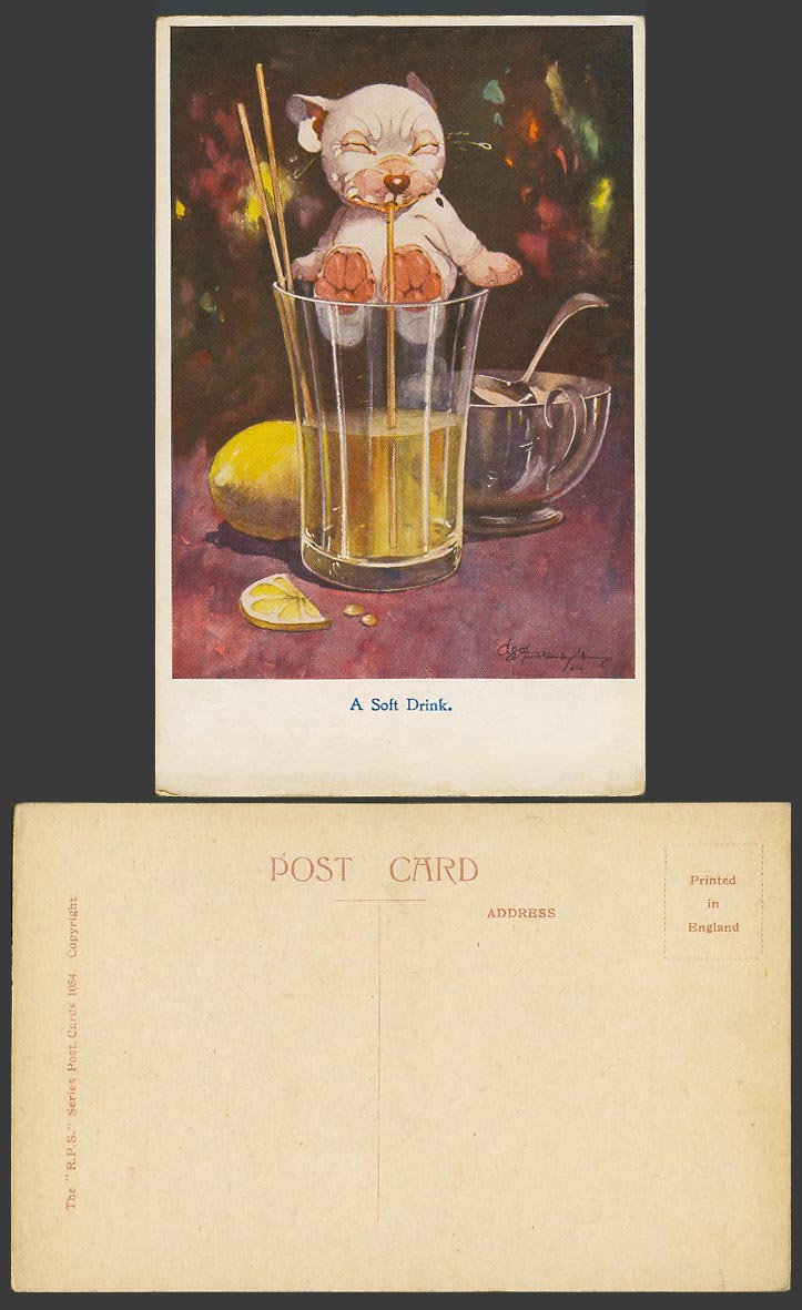 BONZO DOG GE Studdy Old Postcard A Soft Drink. Glass Lemon Juice Sugar Bowl 1054