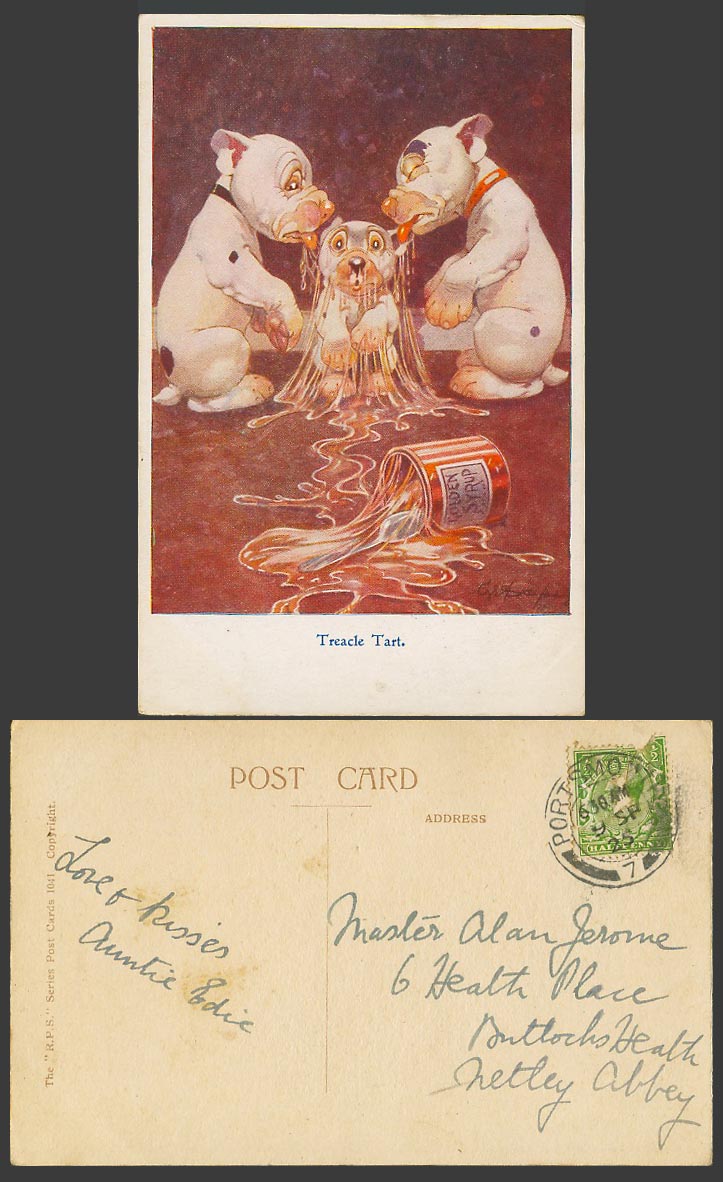 BONZO DOG GE Studdy 1925 Old Postcard Treacle Tart. Puppies Golden Syrup No.1041
