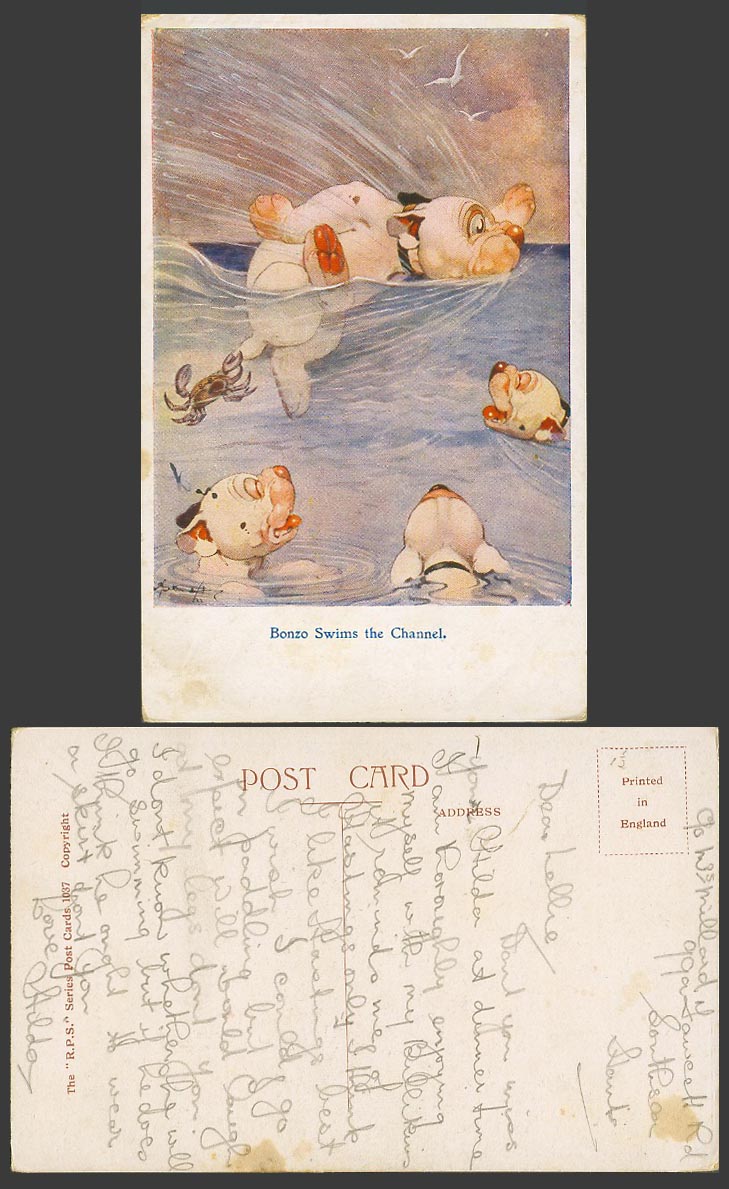 BONZO DOG G.E. Studdy Old Postcard Bonzo Swims The Channel. Crab, Swimming 1037