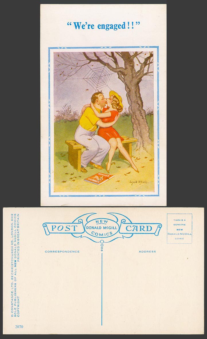 Donald McGill Old Postcard We're engaged Romance Kiss Kissing by Spider Web 2070