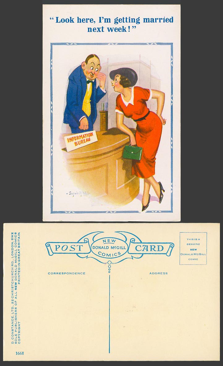 Donald McGill Old Postcard Information Bureau I'm Getting Married Next Week 1668
