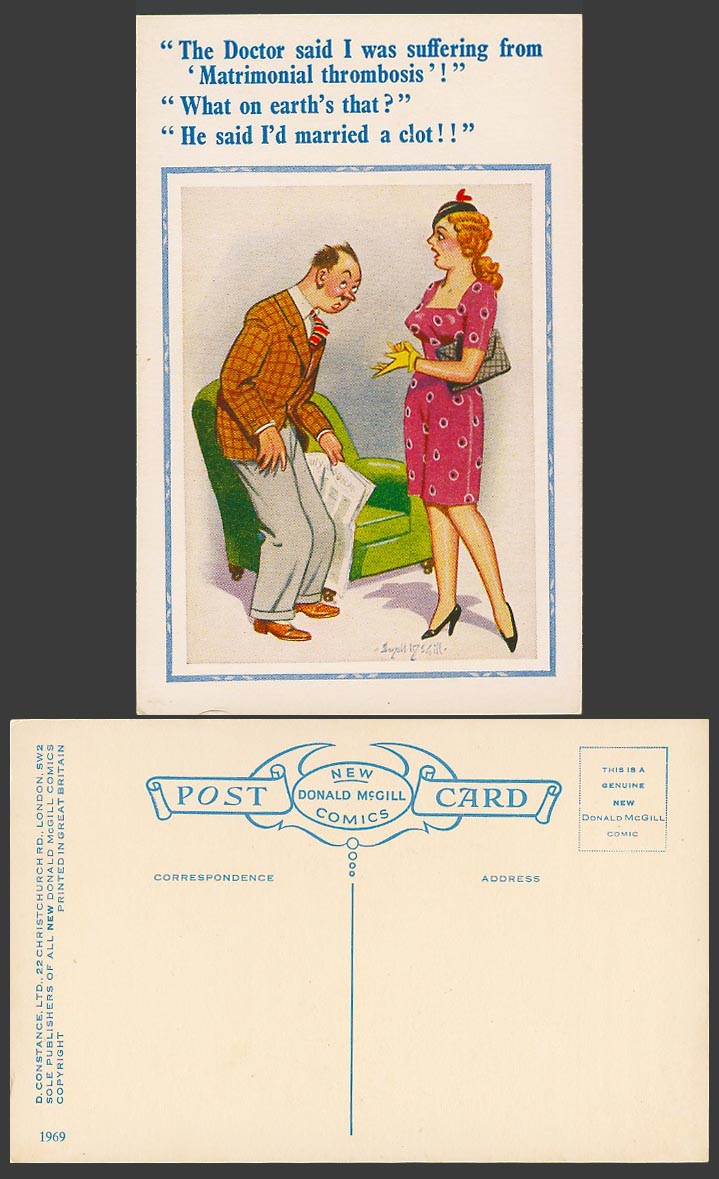 Donald McGill Old Postcard Doctor Said Matrimonial thrombosis, Married Clot 1969