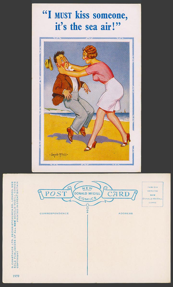 Donald McGill Old Postcard I Must Kiss Someone, it's the Sea Air! Beach No. 1959