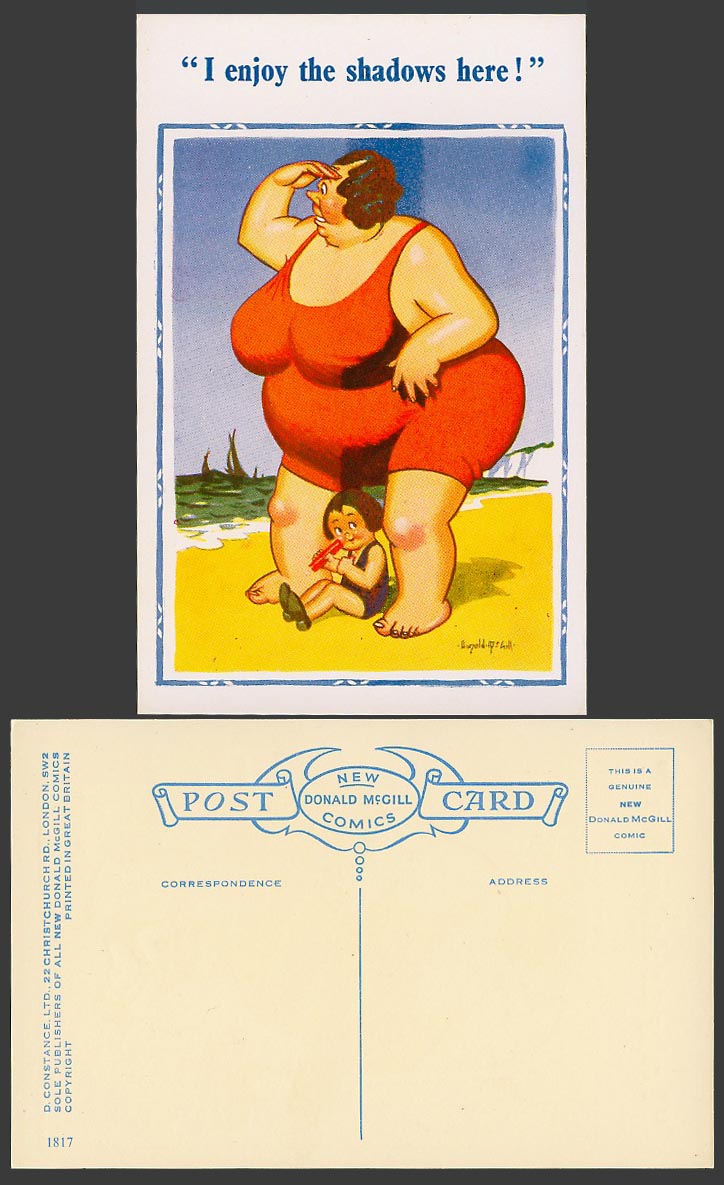 Donald McGill Old Postcard I Enjoy Shadows Here! Fat Woman Lady, Girl Beach 1817