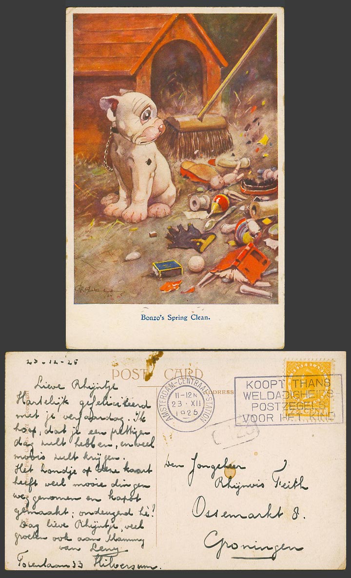 BONZO DOG G.E. Studdy 1925 Old Postcard Bonzo's Spring Clean Doghouse Broom 1072