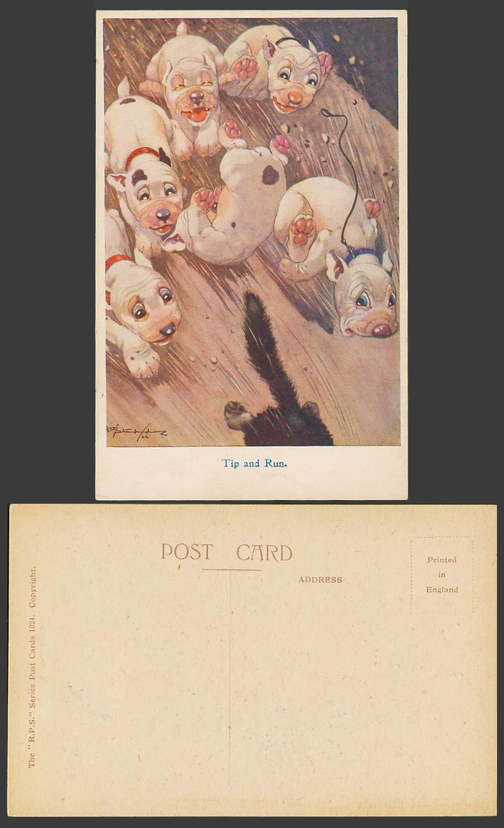 BONZO DOG G.E. Studdy Artist Signed Old Postcard TIP and RUN Dogs & Puppies 1024