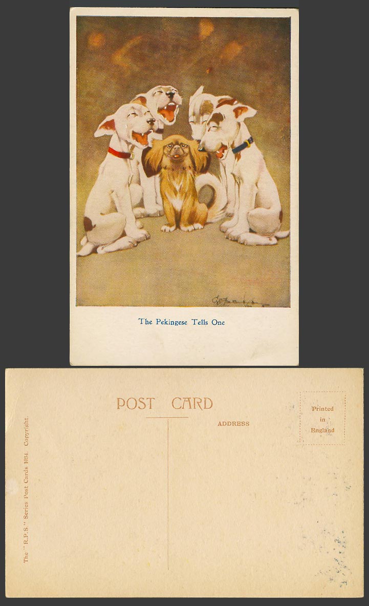 BONZO Dog GE Studdy Old Postcard The Pekingese Tells One Dogs Puppies Laugh 1034