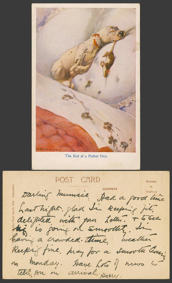 BONZO DOG GE Studdy Old Postcard The End of a Perfect Day, Mouse Rat on Bed 1004