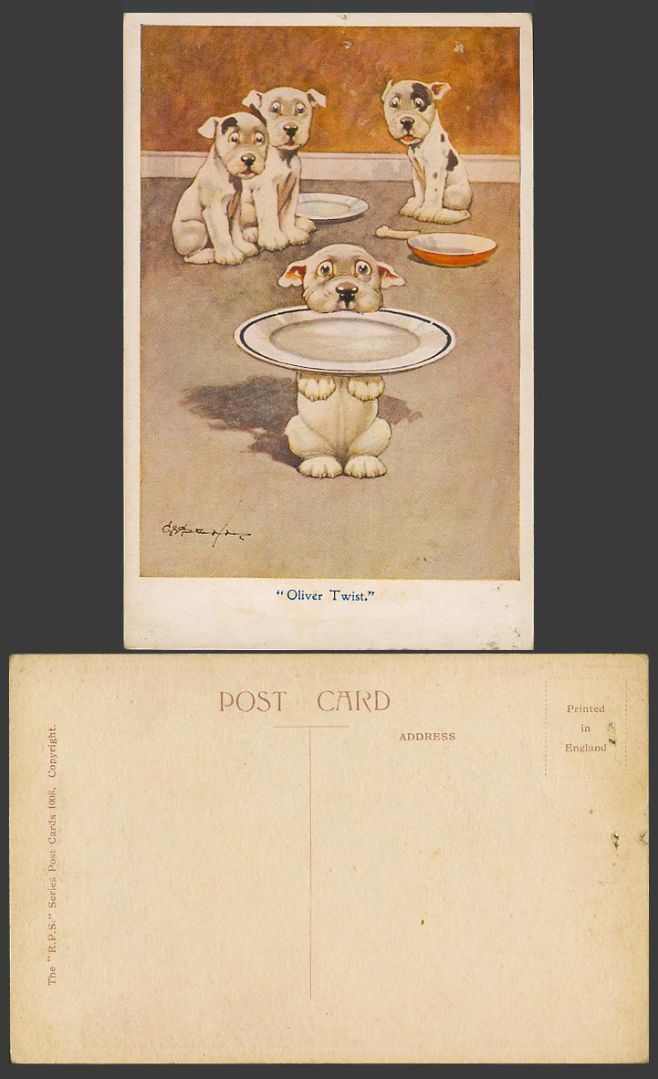 BONZO DOG GE Studdy c.1920 Old Postcard OLIVER TWIST Plates Bone Puppy Dogs 1008
