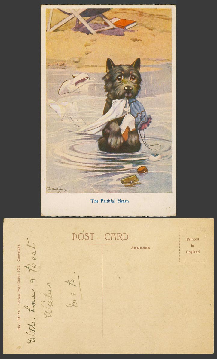 BONZO DOG GE Studdy c1920 Old Postcard The Faithful Heart Puppy Beach Shoes 1012
