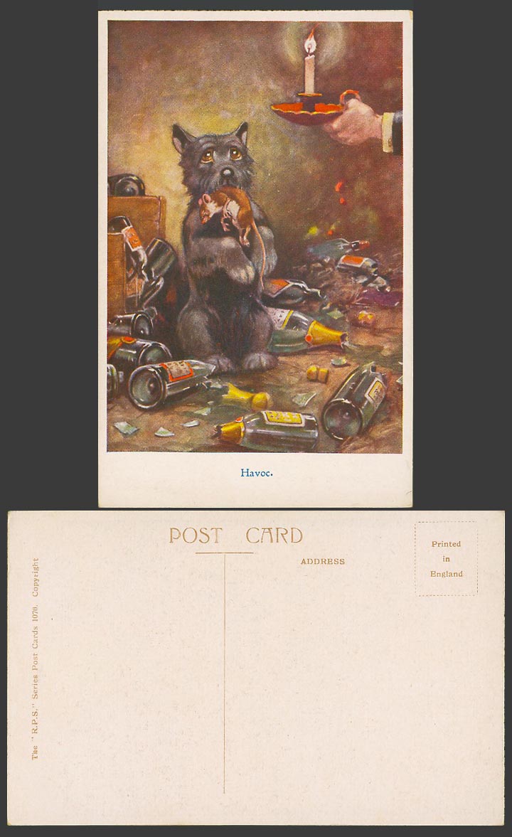BONZO Dog G.E. Studdy c.1920 Old Postcard Havoc Mouse Rat Black Puppy Mouth 1070