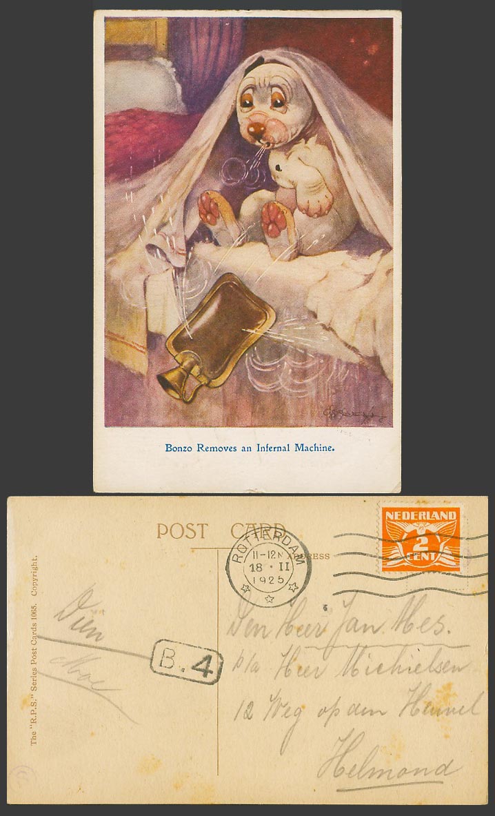 BONZO Dog GE Studdy 1925 Postcard Removes Infernal Machine Hot Water Bottle 1065