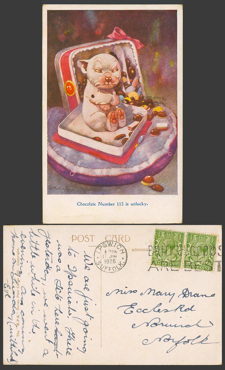 BONZO DOG GE Studdy Comic 1926 Old Postcard Chocolate Number 113 is Unlucky 1069