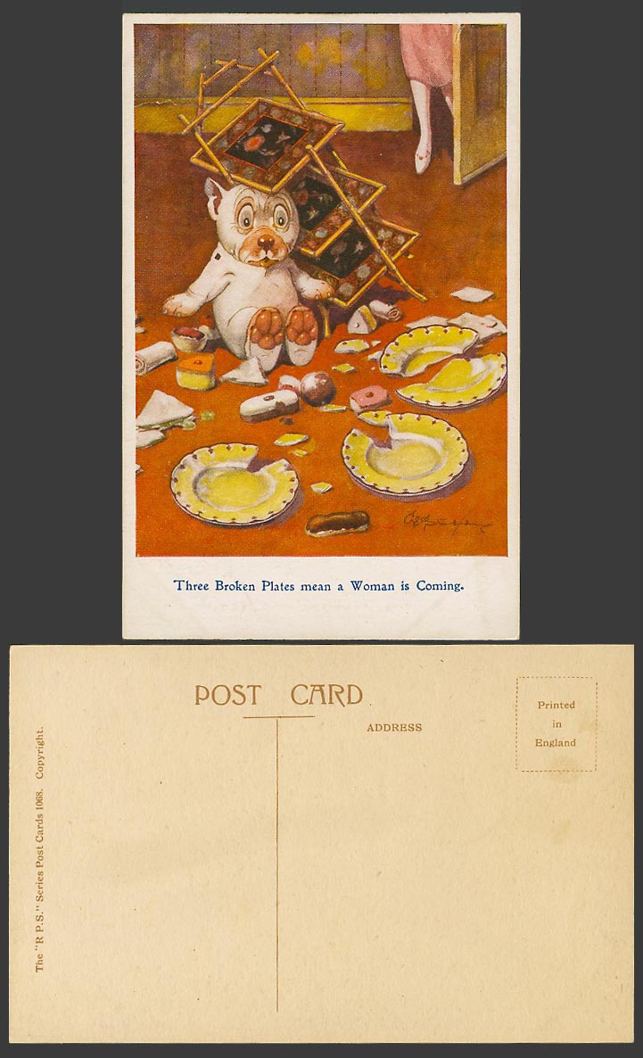 BONZO Dog GE Studdy Old Postcard 3 Broken Plates means a Woman in Coming No.1068