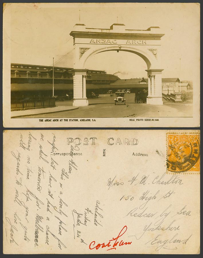 Australia KG 2d 1921 Old RP Postcard Adelaide Anzac Arch Gate Vintage Motor Cars