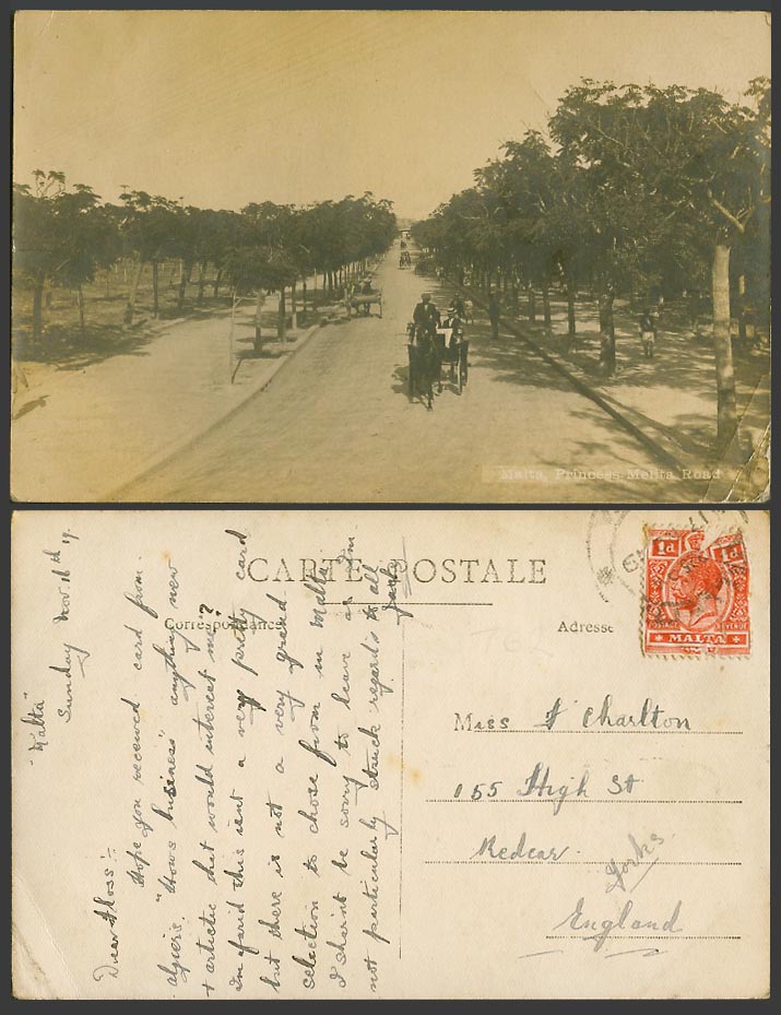 Malta 1919 Old Real Photo Postcard Princess Melita Road Street Scene Horse Carts
