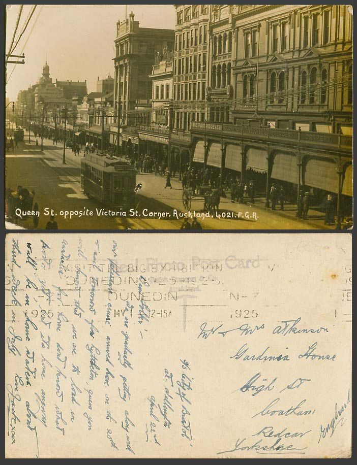 New Zealand 1925 Old Postcard Auckland Queen Street opp. Victoria St Corner TRAM