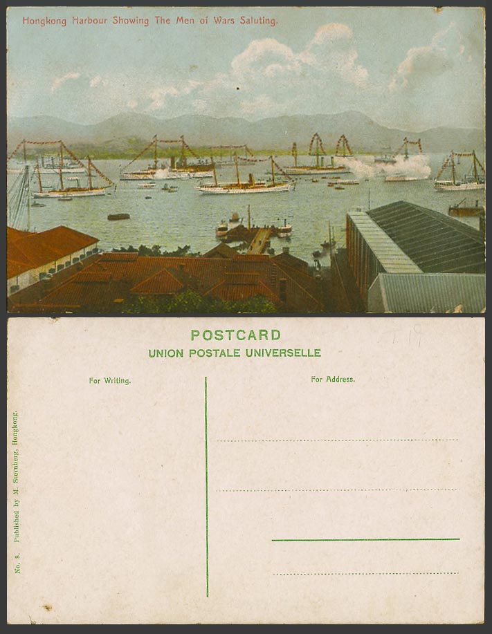 Hong Kong Harbour Showing MEN OF WARS SALUTING Old Postcard Steamers Steam Ships