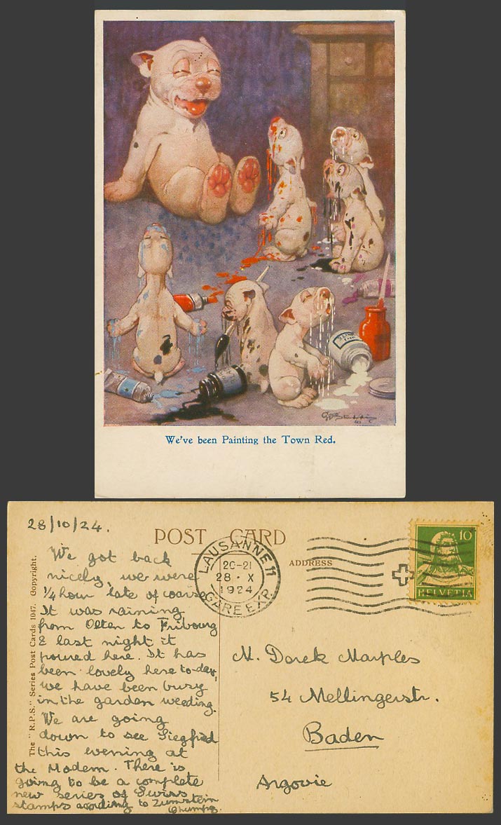 BONZO DOG GE Studdy Old Postcard We've Been Painting The Town Red. Puppies 1047.