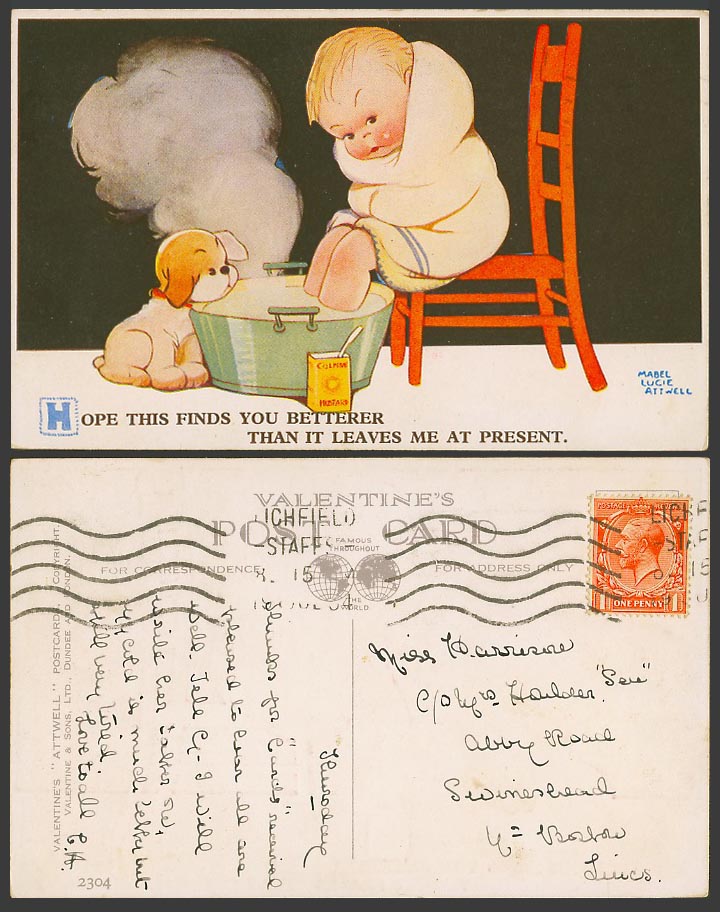 MABEL LUCIE ATTWELL 1934 Old Postcard Colmans Mustard, Foot Bath, Dog Puppy 2304