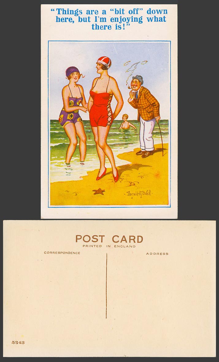 Donald McGill Old Postcard Things Bit Off Down Here Beach Seaside Bathing Ladies