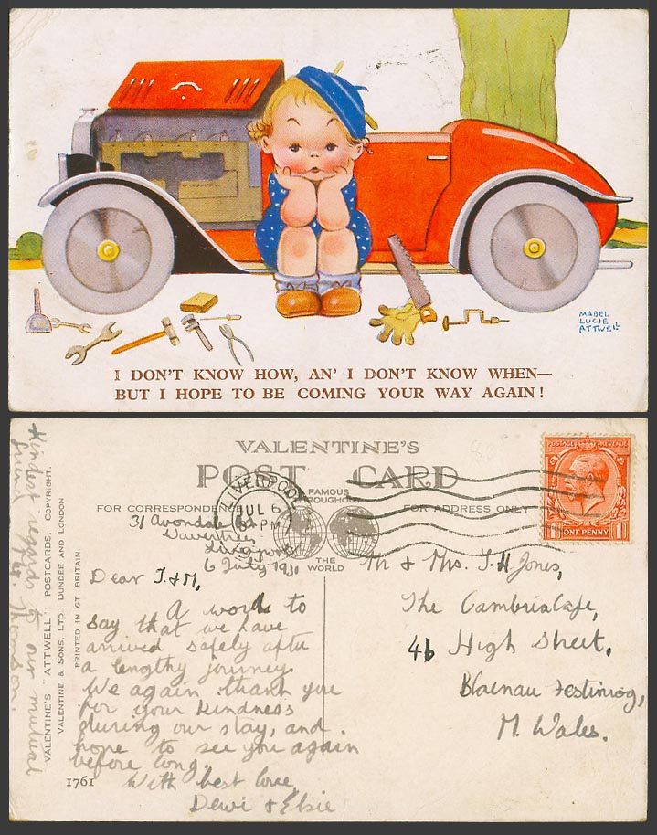 MABEL LUCIE ATTWELL 1931 Old Postcard Hope To Be Coming Your Way Again! Car 1761