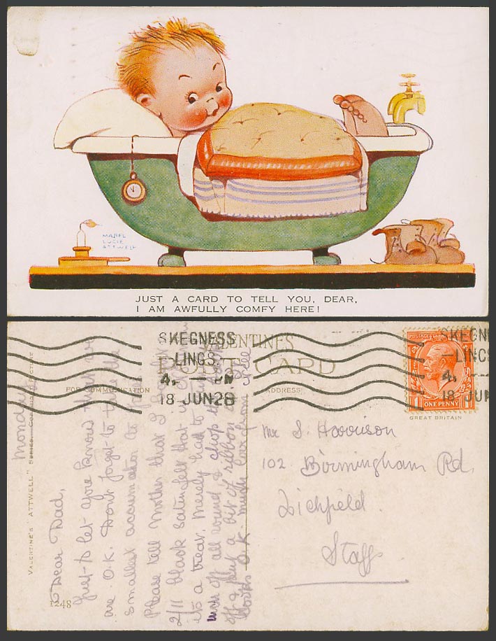 MABEL LUCIE ATTWELL 1928 Old Postcard Awfully Comfy Here Bath Bathtub Shoes 1248