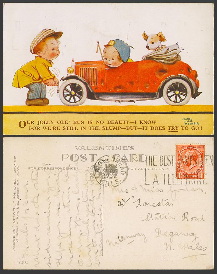 MABEL LUCIE ATTWELL 1932 Old Postcard Motor Car Our Jolly Ole Bus No Beauty 2191
