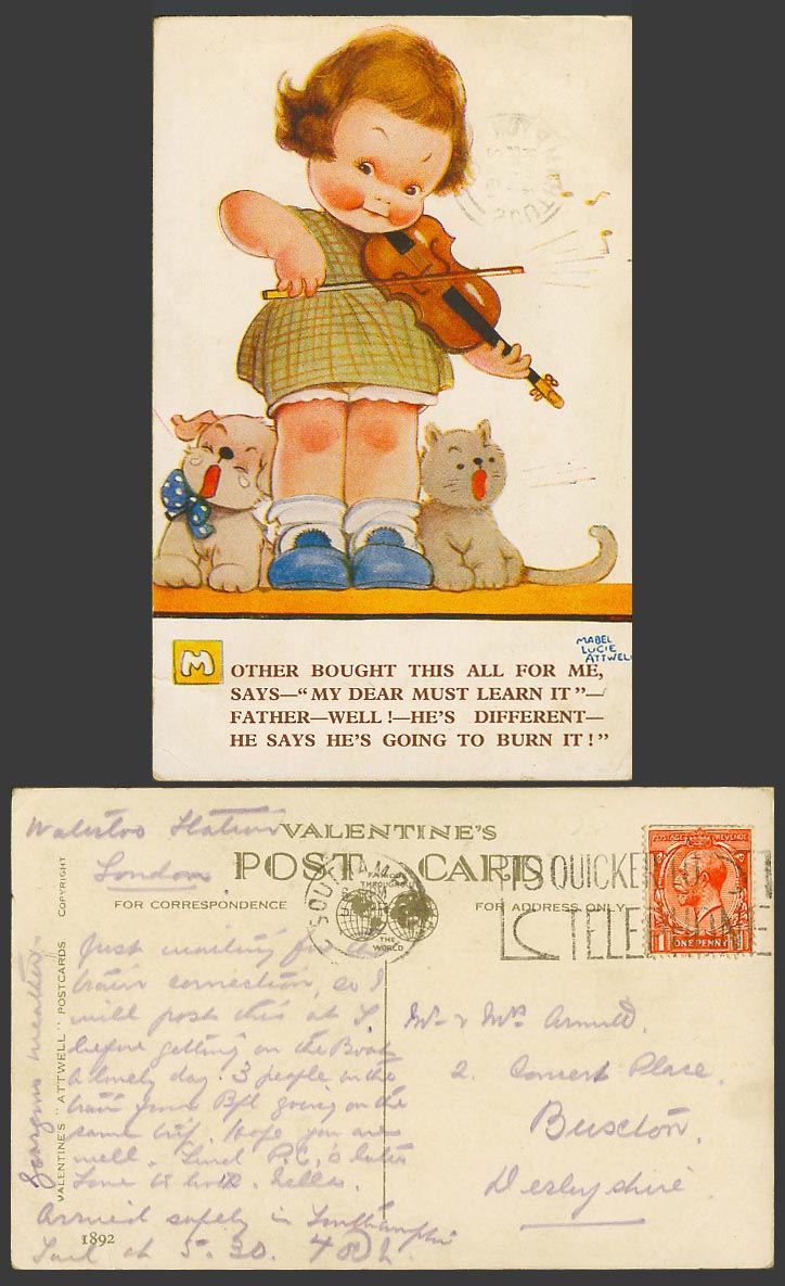 MABEL LUCIE ATTWELL Old Postcard Girl Plays VIOLIN Violinist Dog Cat Kitten 1892