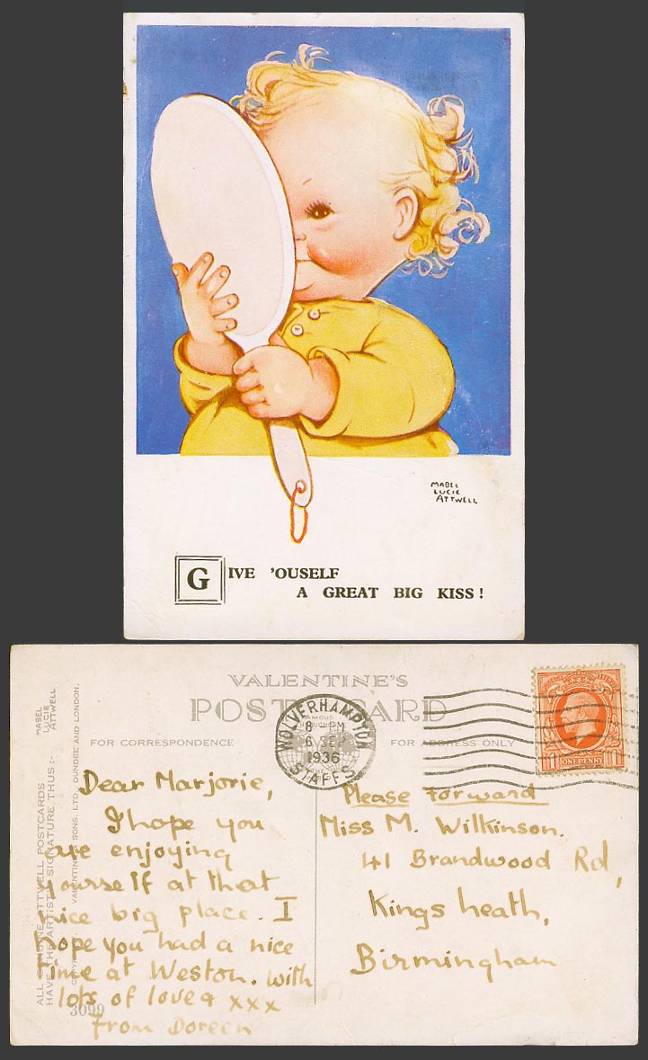 MABEL LUCIE ATTWELL 1936 Old Postcard Give 'ouself a Great Big Kiss Girl No.3099